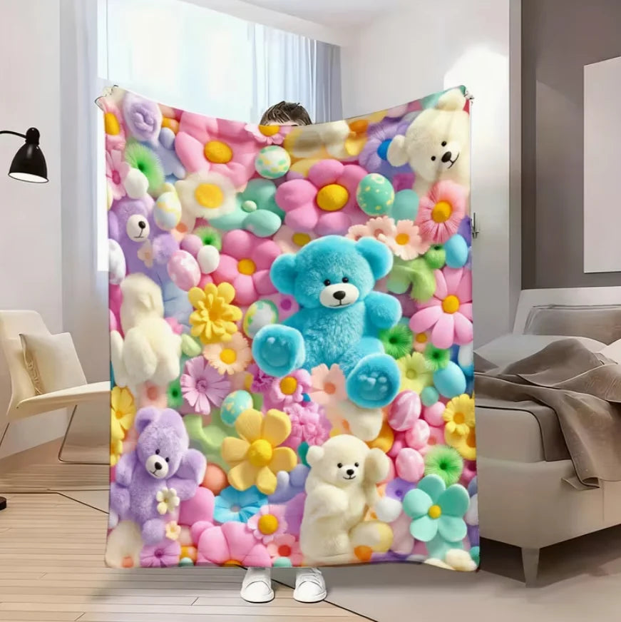 1pc Teddy Bear Floral Egg Pastel Print Flannel Blanket Soft and Comfortable, All-Season Blanket, Suitable for Travel Blankets