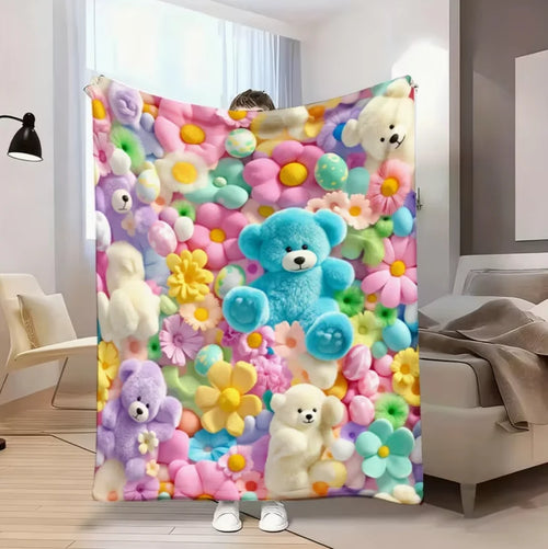 1pc Teddy Bear Floral Egg Pastel Print Flannel Blanket Soft and Comfortable, All-Season Blanket, Suitable for Travel Blankets