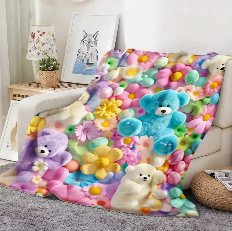 1pc Teddy Bear Floral Egg Pastel Print Flannel Blanket Soft and Comfortable, All-Season Blanket, Suitable for Travel Blankets
